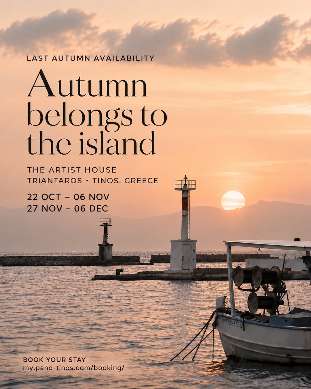 Autumn belongs to the island.

Quieter paths, warm afternoon light and time to settle into village life. Make The Artist House in Triantaros your home on Tinos this autumn.

Last availability for this year:
22 October – 6 November
27 November – 6 December

Already dreaming of next summer? We’ll open bookings for the new season before Christmas. Subscribe to our newsletter to be the first to know.

Bookings and newsletter sign-up through the link in our bio.

#PANOTinos #TheArtistHouse #Tinos #SlowTravel